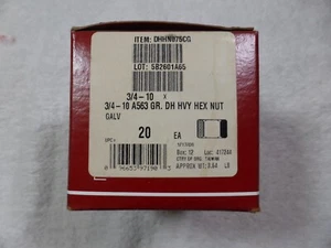 3/4-10 A563 GR. DH Heavy Hex Nuts Galvanized Item DHHN075CG Box of 20 - Picture 1 of 3