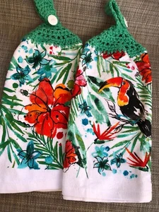 Pair of Hand Crocheted Hanging Kitchen Dish Towels- Multi Color Toucan, Flowers - Picture 1 of 4