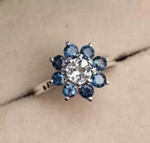2 Ct Round Simulated Sapphire Women Flower Ring 14K White Gold Plated - Picture 1 of 5
