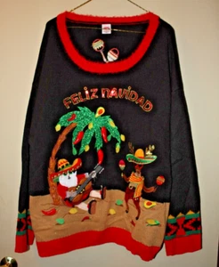 Feliz Navidad Knit Ugly Sweater 2X 20-22 Crew Neck Holiday Sombrero Chili Pepper - Picture 1 of 6