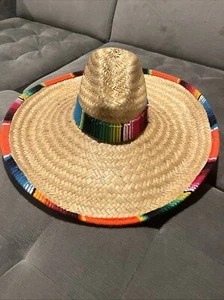 Authentic Mexican Sombrero Hat with Serape Trim, Adult Size, Wide, Straw - Picture 1 of 2