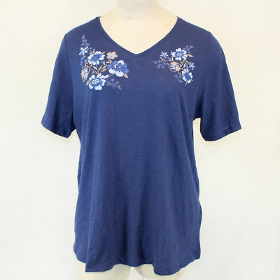 Catherines Plus Blue Flower Print Cotton Top Blouse 0X, 14/16 - Image 1 of 4