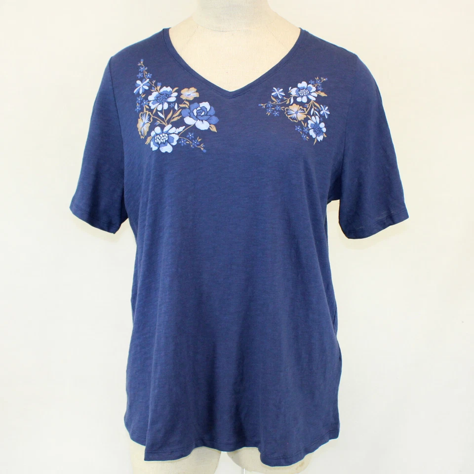 Catherines Plus Blue Flower Print Cotton Top Blouse 0X, 14/16 - Image 1 of 4