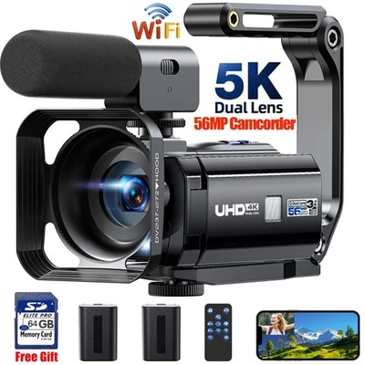 🔥Video Camera, 5K Dual Lens Camcorder 56MP 25FPS UHD WiFi Vlogging Camera 64GB - Image 1 of 4