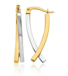 14K Solid Two Tone Gold Oval Medium Hoop Dangle Earrings - Picture 1 of 11