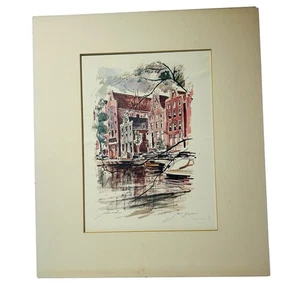 Impresión artística impresionista mate vintage Amsterdam Canal Village 14X16" - Imagen 1 de 6