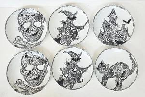 222 Fifth Halloween Plates Wiccan Lace (6) Skull Cat Witch Castle 6.25" Plates - Picture 1 of 7