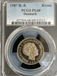DANIMARCA 1987 1 CORONA PCGS PL68 - Foto 1 di 3