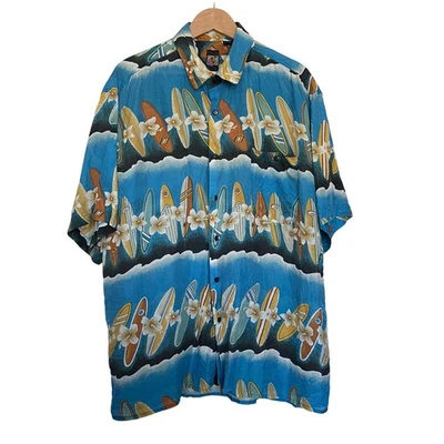 Vtg Montage Tropics Mens Hawaiian Shirt Size XL Silk Surf Boards Hibiscus Luau - Image 1 of 4