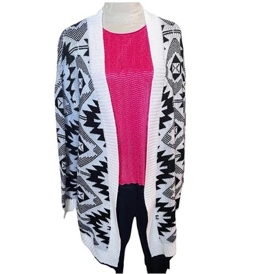 Ci Sono Sweater Collection Knit Cardigan Aztec Open Front  Black White Large - Image 1 of 4