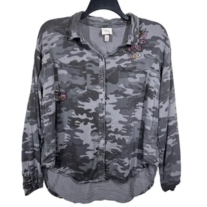 Camicia donna Knox Rose manica lunga con bottoni XXL grigia mimetica ricamata grunge - Foto 1 di 10