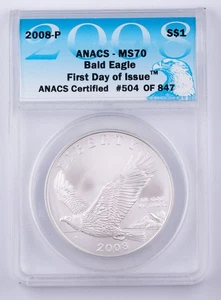 2008-P Bald Eagle Silver Dollar ANACS MS70 First Day of Issue $1 - Picture 1 of 4