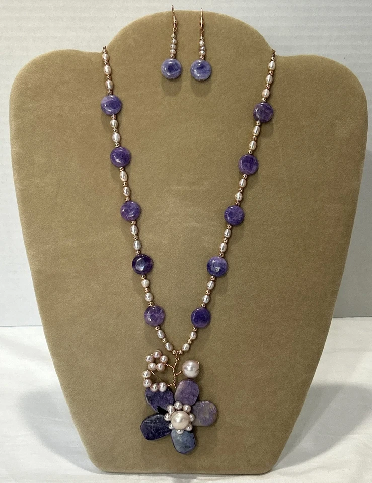 Genuine Charoite With Pearls Floral Necklace, And Earrings Set - Image 1 of 4