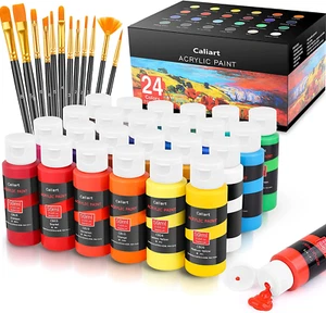 Acrylic Paint Set with 12 Brushes 24 Colors 2Ooz Ceramic Wood Rock Painting - Picture 1 of 7