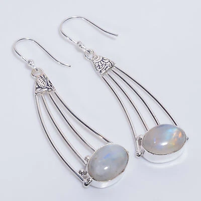 月光石宝石复古手工 925 纯银耳环 2.5 英寸 y724 — 第 1/4 张图片