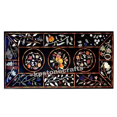 Custom Black Marble Dining Table Top | Semi-Precious Stone Inlay | Luxury Garden - Image 1 of 4