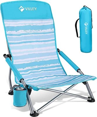 Cadeira de praia VILLEY baixa encosto alto dobrável cadeira de praia porta-copo bolsa de transporte listrada - Imagem 1 de 4