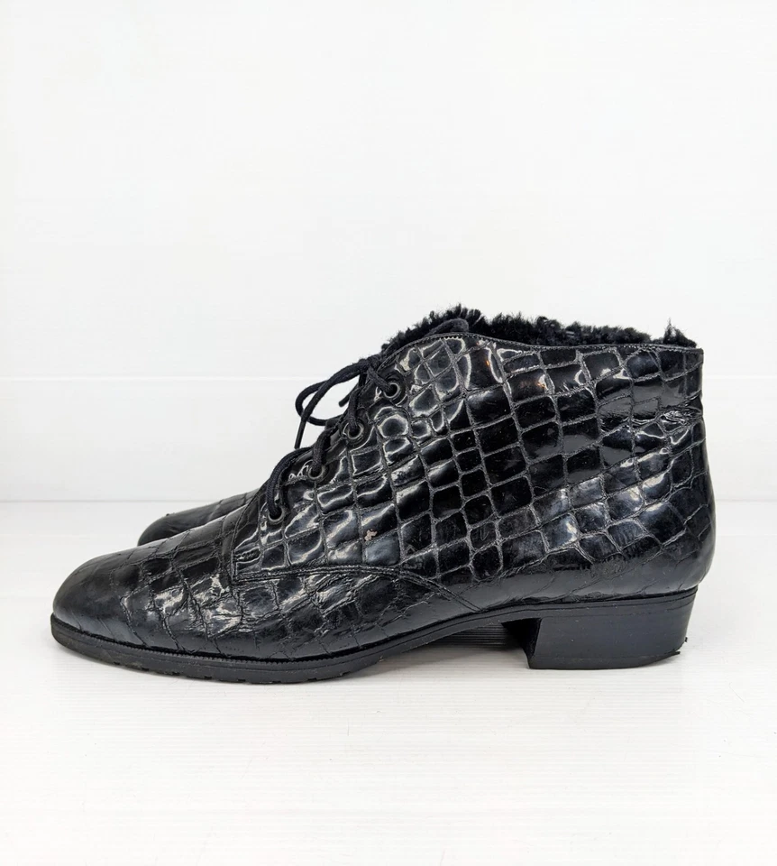 Botines GABOR Animal Charol Negro Años 80 Vintage Talla 8 Cordones Foto 1 de 4