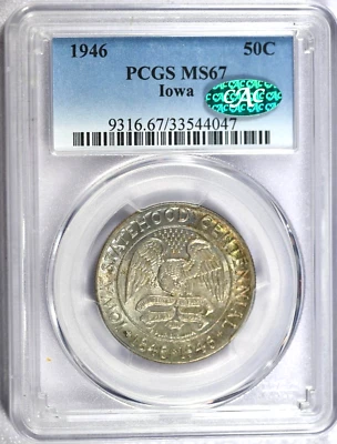 1946 PCGS MS67 Iowa Classic Commemorative Half with Green CAC Label-Toned - Image 1 of 2
