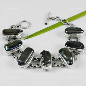 925 Solid Silver Cushion Natural Biwa Pearl Chain Artisan Wife Bezel Bracelet - Picture 1 of 6