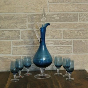 Empoli Italy Midnight Blue Glass Decanter & (6) Goblet Set - Free Shipping - Picture 1 of 7