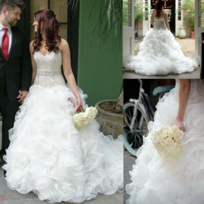 Mermaid Organza Ruffles Wedding Dress Beaded Sequins Crystals Bridal Gown Custom - Image 1 of 4