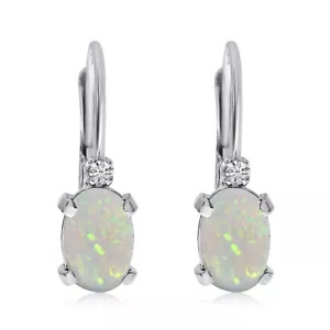14k White Gold Oval Opal and Diamond Leverback Earrings - Picture 1 of 4