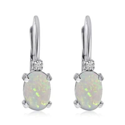 14k White Gold Oval Opal and Diamond Leverback Earrings - Image 1 of 4