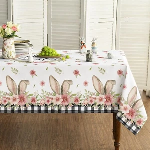 52X70 Inch Spring Flower Buffalo Plaid Bunny Ear Easter Tablecloth Rectangular - Picture 1 of 6