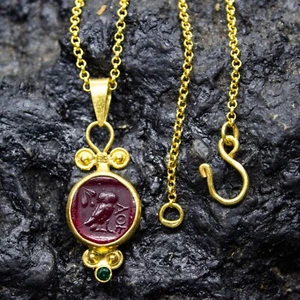 Greek Owl Intaglio Red Glass Necklace | Athena Green Intaglio Pendant | Gift - Picture 1 of 11