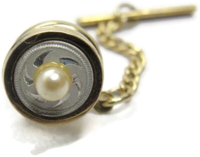 Gold Tone Etched Silver Tone Neck Tie Tack Lapel Pin Imitation Pearl Center - Image 1 of 4