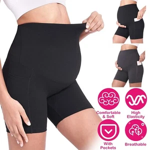 Womens Maternity Yoga Shorts Over The Belly Workout Running Pregnant Short Pants - Picture 1 of 23