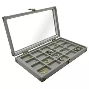 GRAU LEINENGLAS TOP HOLZHÜLLE SCHMUCKBOX ANZEIGETASCHE mit 20 SCHLITZTABLETT EINSATZ - Bild 1 von 5