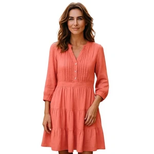 Finley Leinen Minikleid Coastal Boho Festival Plissee V-Ausschnitt koralle Gr. Small - Bild 1 von 9