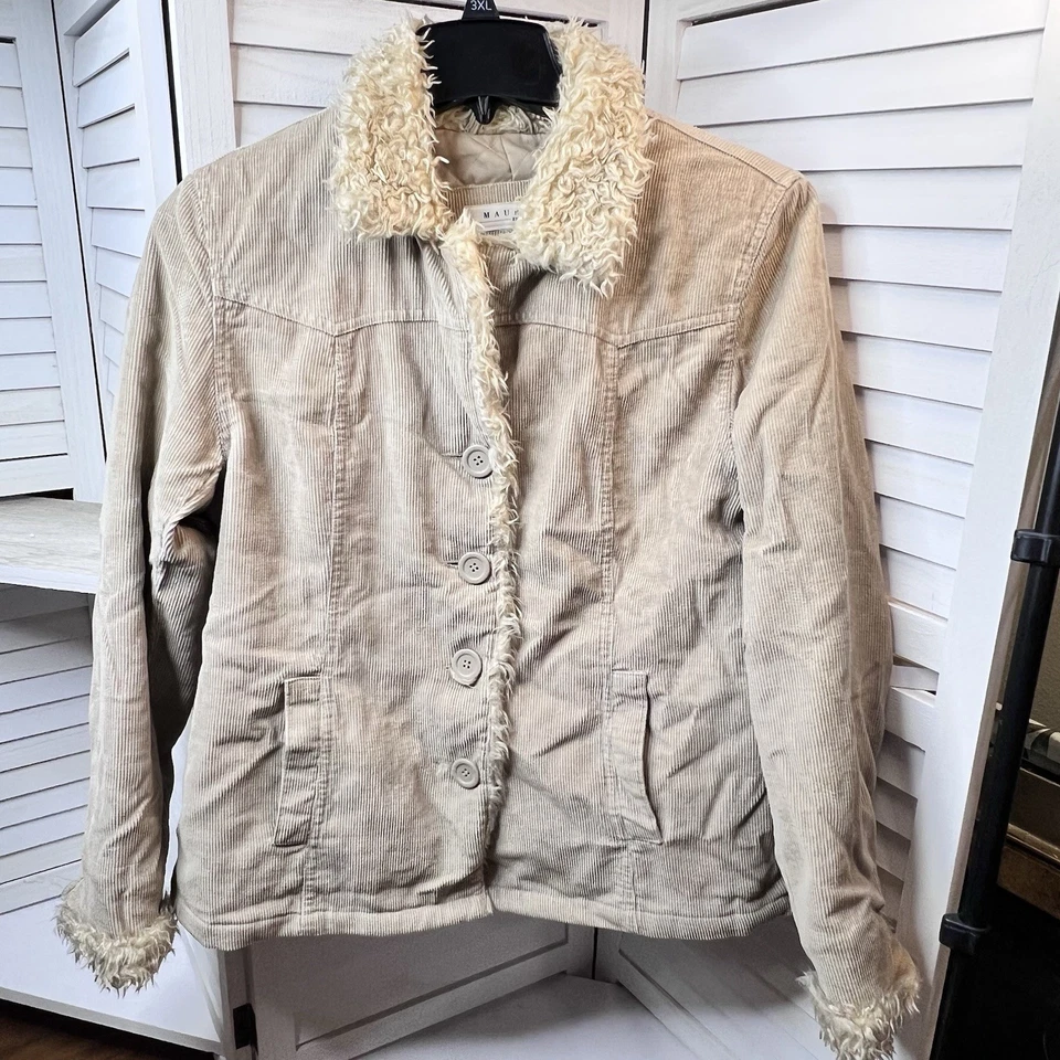 复古 Maurices 灯芯绒夹克女式中号绗缝衬里米色/薄色纽扣 — 第 1/4 张图片
