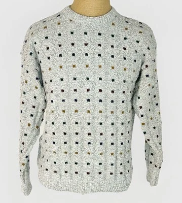 90s Claybrooke Chunky Crewneck Sweater Beige Square Knit Dot Medium Y2K Grandpa - Image 1 of 4