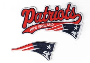 (2) New England Patriots Script + Logo NFL Embroidered 4in Iron / Sew-On Patch - Picture 1 of 2