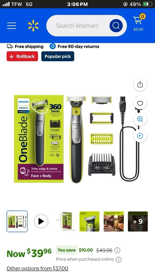 Philips Norelco Onebrade 360 Cara + Cuerpo, Recortadora Eléctrica Híbrida para Hombre  Foto 1 de 1