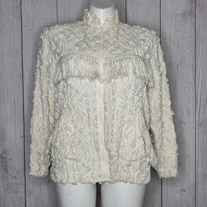 Vintage Chenille Fransen Zip Jacke - Upcycling Western Boho Statement Piece, Gr. Large - Bild 1 von 7