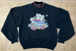 Vintage 90s Kitty Cats & Apples Granny Sweatshirt Damen Large Black No Tag - Bild 1 von 9