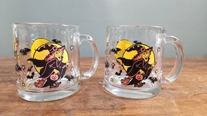 Vintage Halloween Hexe Luminarc Klarglas Becher 2er Set Mond Fledermaus Besen USA - Bild 1 von 5