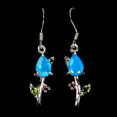 925纯银耳环梨蓝色蛋白石7x5毫米红石宝石首饰 — 第 1/4 张图片