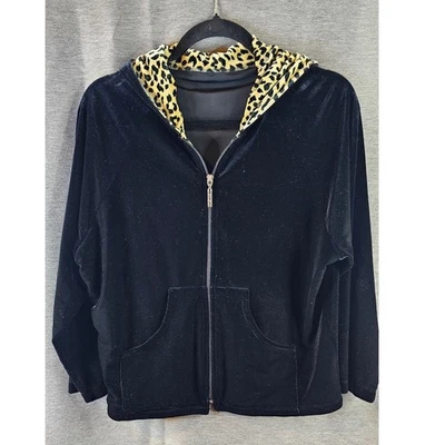 Vtg 90s Carushka Black Velvet Leopard Womens Sz M Zippered Hooded Pockets USA - Image 1 of 4