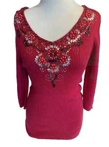 Beaded Red Metallic Ribbed Knit Sweater Sz Small 2/4 Long/Tall Torso Holidays - Picture 1 of 12