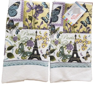 Set of 2 Same Kitchen Towels(15"x25")PARIS BUTTERFLIES,FLOWERS & EIFFEL TOWER,AM - Picture 1 of 9