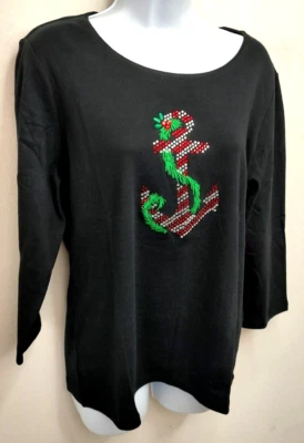 Karen Scott Sz Med Holiday 3/4 Black Jewels Embroidered Anchor Pullover Top NWT - Image 1 of 4