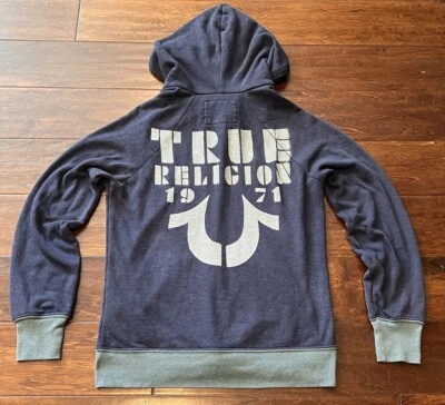 True Religion Blue White Women's XS Rhinestone Logo 2 Pocket Zip Hoodie Jacket - Image 1 of 4
