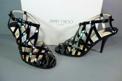 Sandalias de tacón Jimmy Choo 38 negras charol recortes enjaulados Owen con tiras nuevas Foto 1 de 4