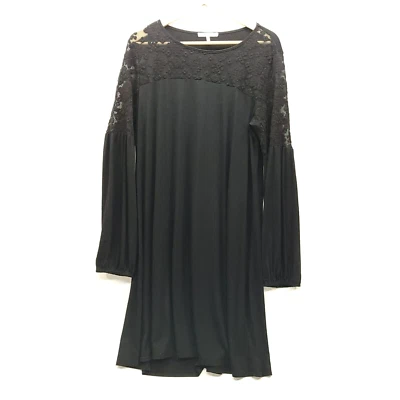 Three Dots Dress Women Large Black Lace Bishop Sleeve Midi Casual Whimsigoth - Image 1 of 4