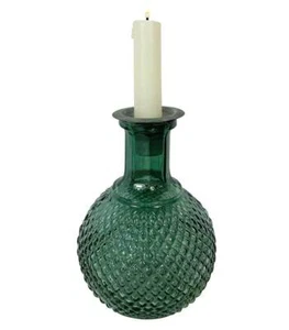 Vase Glas Dunkelgrün mit Kerzenhalteraufsatz Zink Flaschenaufsatz Vintage H 15cm - Bild 1 von 2